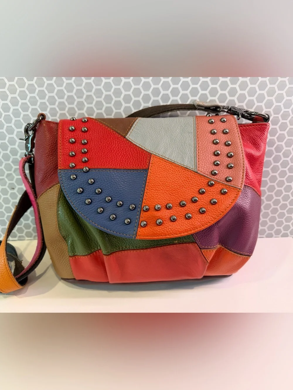 Ameri Leather Multicolor Patchwork Leather Crossbody Bag